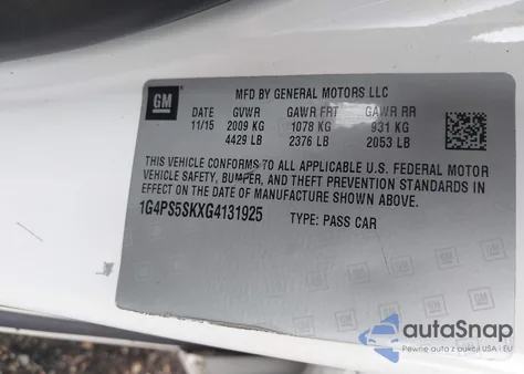 2016 Buick Verano Leather Group from USA, damaged, VIN 1G4PS5SKXG4131925